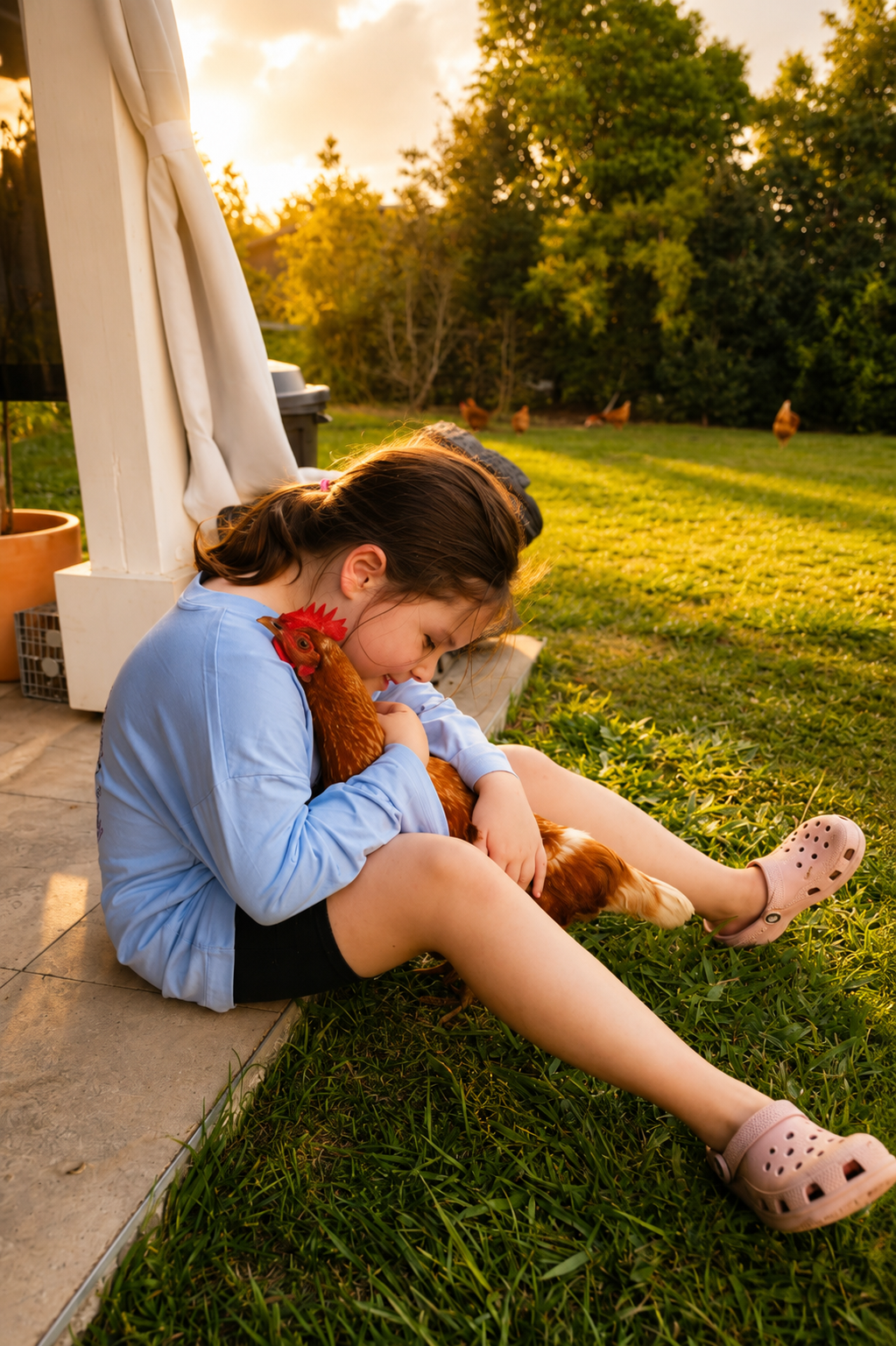 Mila with a chicken on the property
