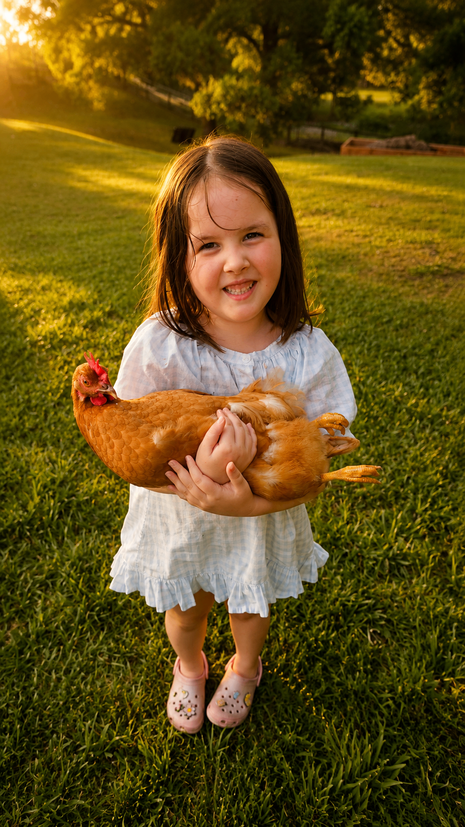 A chicken wandering the property in afternoon light